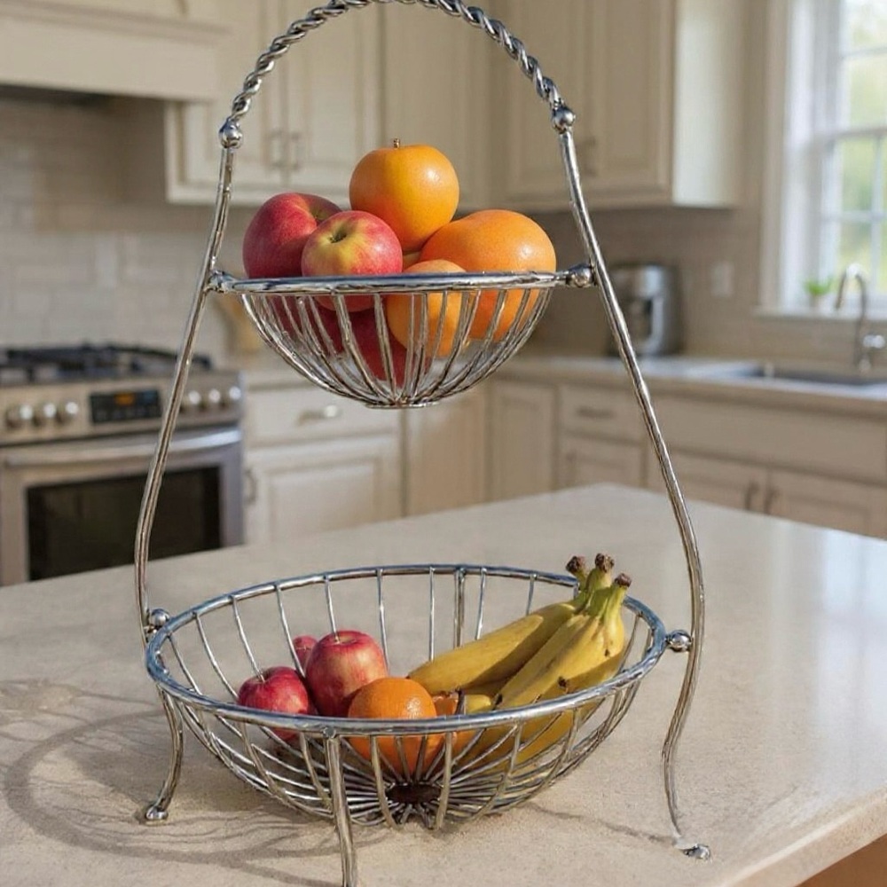 Silver Two-Tier Fruit Wire Basket